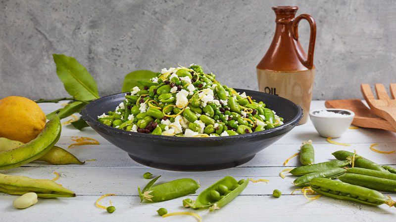 table spread of snap peas